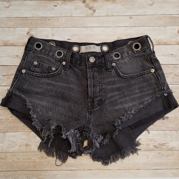 Free People Sashed and Relaxed Grommet Distress Cutoff Denim Shorts Black 24 - Picture 2 of 15